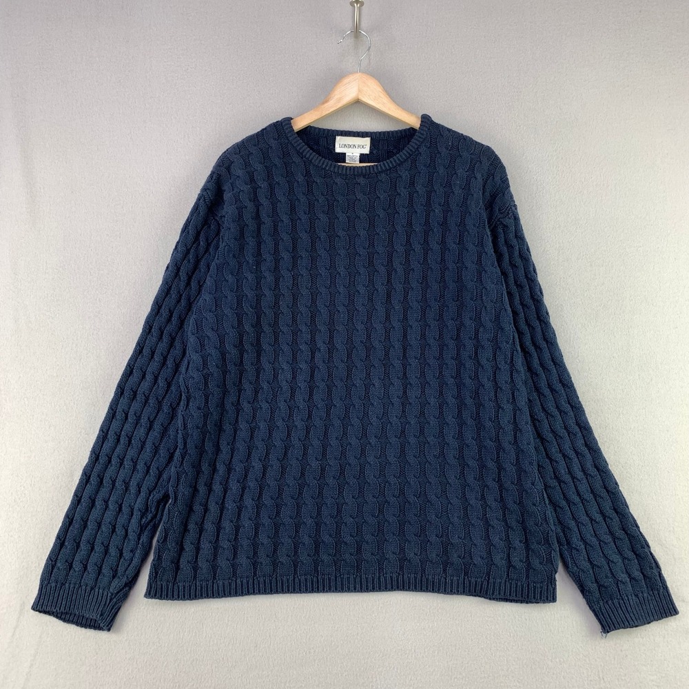 London Fog Cable Knit Sweater Womens Medium Blue Pullover Fisherman Crewneck